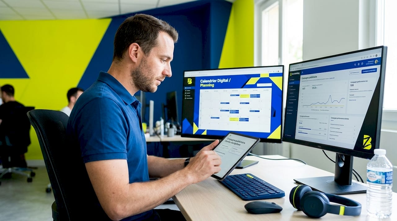 Responsable marketing en pleine gestion de campagne, concentré derrière son ordinateur.