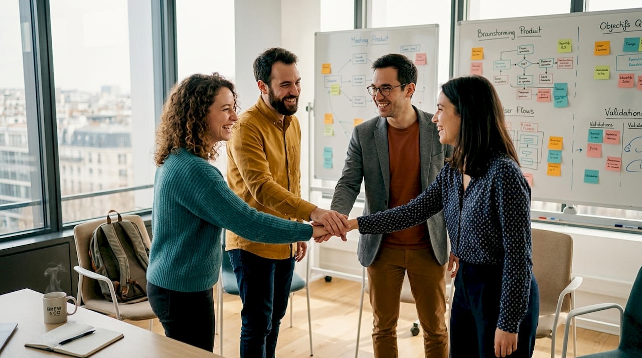 Des collègues se rassemblent et unissent leurs forces lors d’un atelier de cohésion d’équipe.
