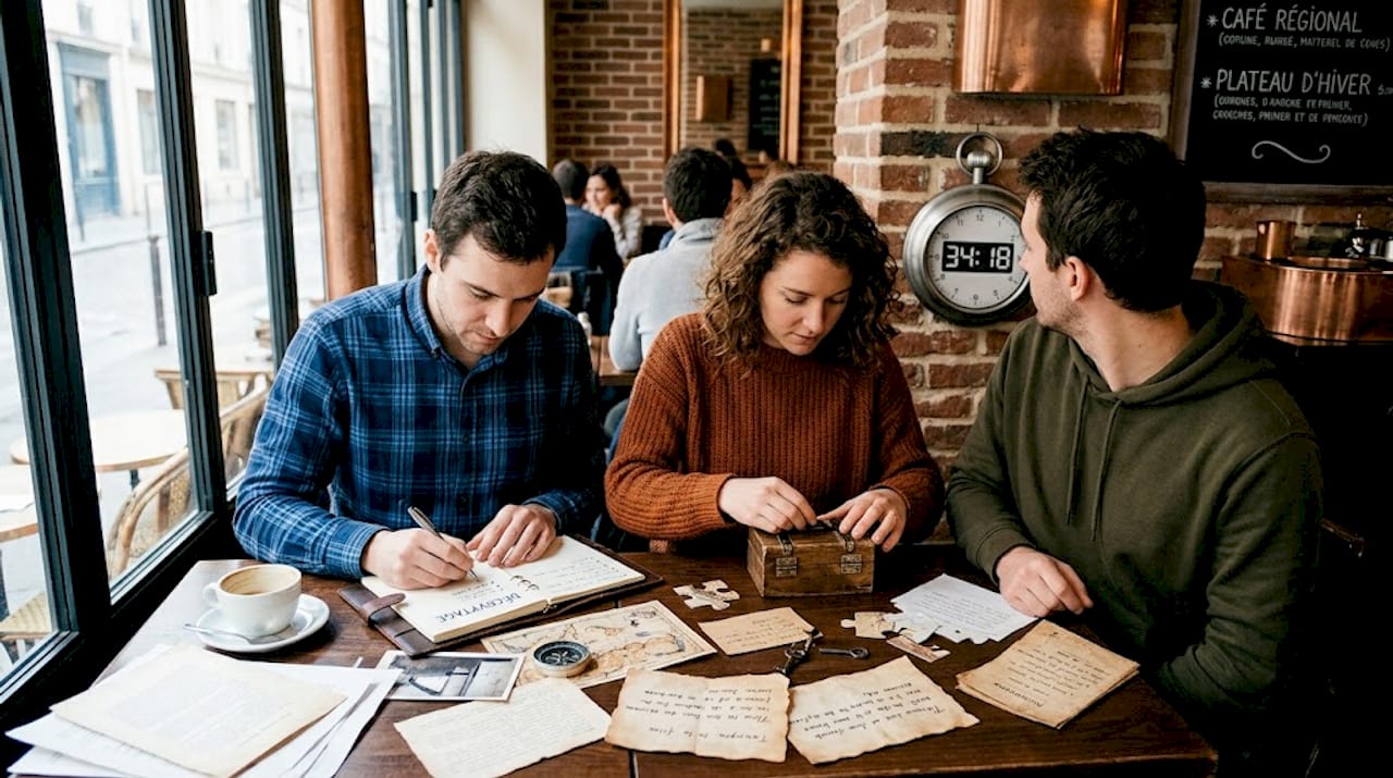 Des collègues réfléchissent ensemble autour d’une table pour résoudre une énigme d’escape game.