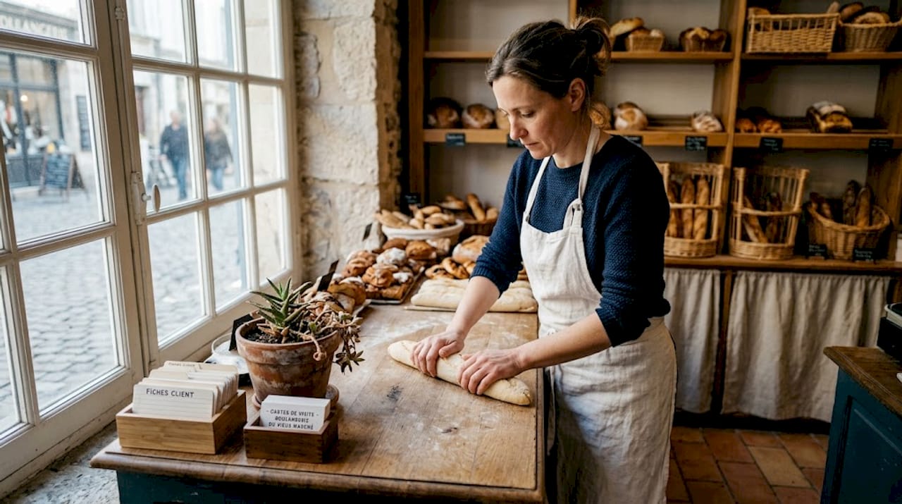 La boulangère façonne une baguette tout juste sortie du four pour son habitué, avec le sourire.
