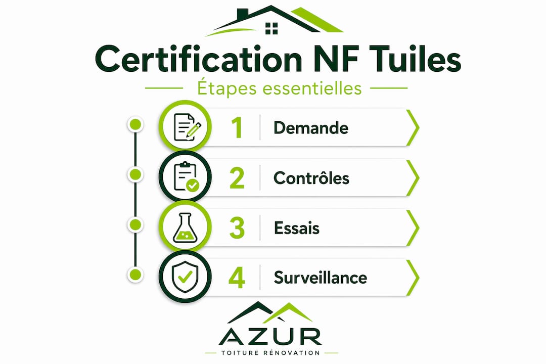 Découvrez, en un coup d’œil, les différentes étapes clés pour obtenir la certification NF des tuiles grâce à notre infographie.