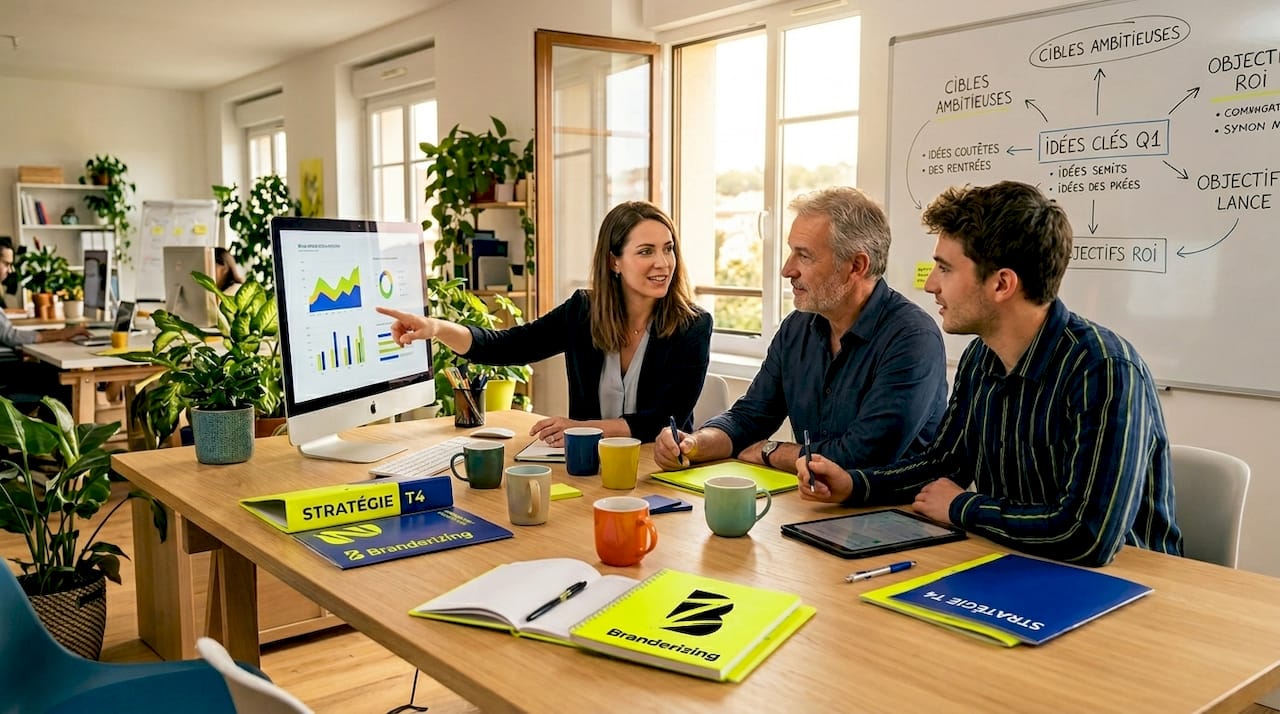Des membres de l’équipe marketing échangent leurs idées devant un écran.