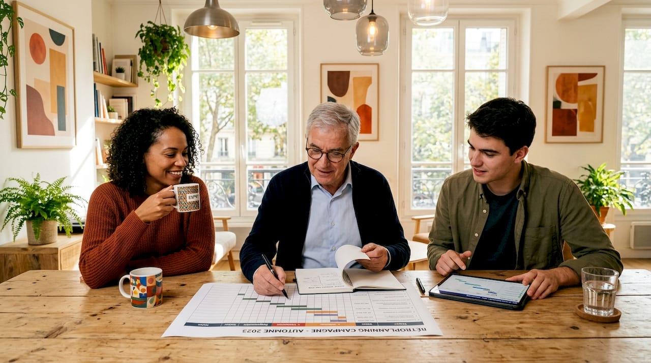 Réunis autour d’une table, les membres de l’équipe passent en revue le rétroplanning pour ajuster les prochaines étapes.