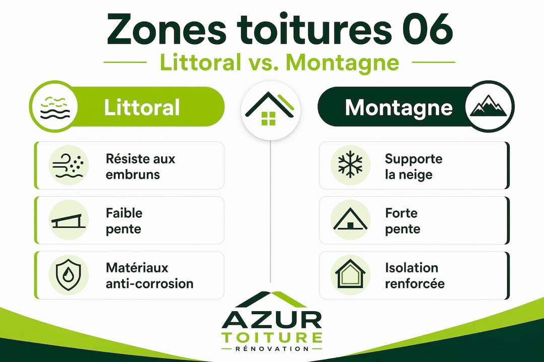 Infographie : répartition des zones de toiture en bord de mer et en montagne