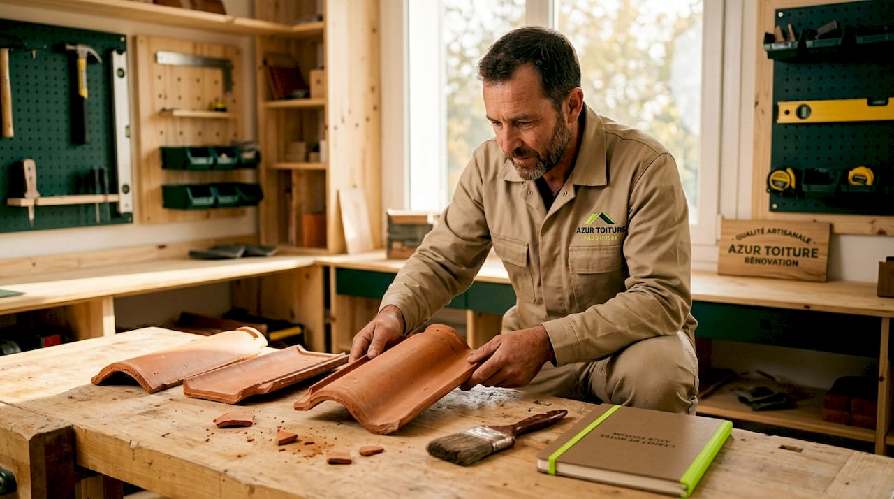 Trois tuiles en terre cuite posées sur l’établi de l’atelier