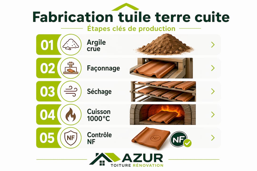 Les grandes étapes de la fabrication des tuiles en terre cuite : de la préparation de l’argile au moulage, puis la cuisson et enfin le séchage, chaque phase est essentielle pour obtenir une tuile résistante et durable.