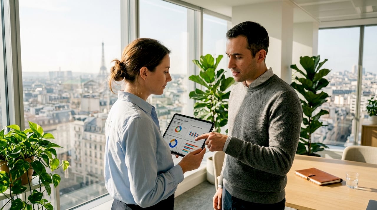 Des responsables RH échangent sur la stratégie de l’entreprise, réunis près d’une baie vitrée.