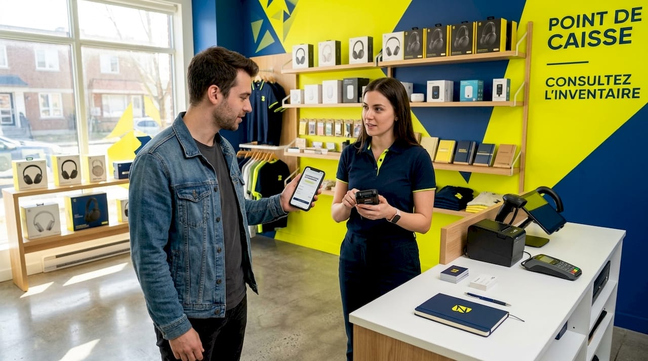 Un vendeur en boutique vérifie la disponibilité d’un article avec un client.