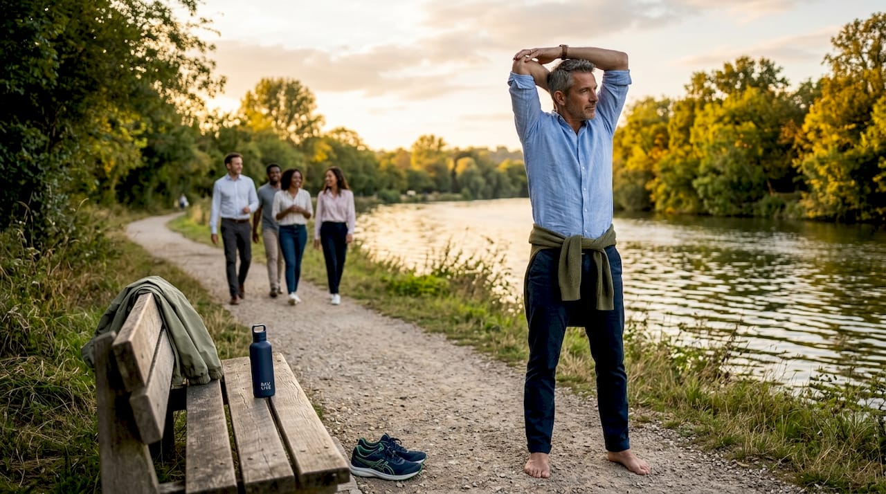 Un salarié profite d’une pause bien-être en plein air pour faire quelques étirements.