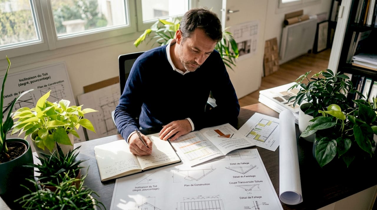 Un architecte en train d’étudier les plans d’inclinaison de la toiture