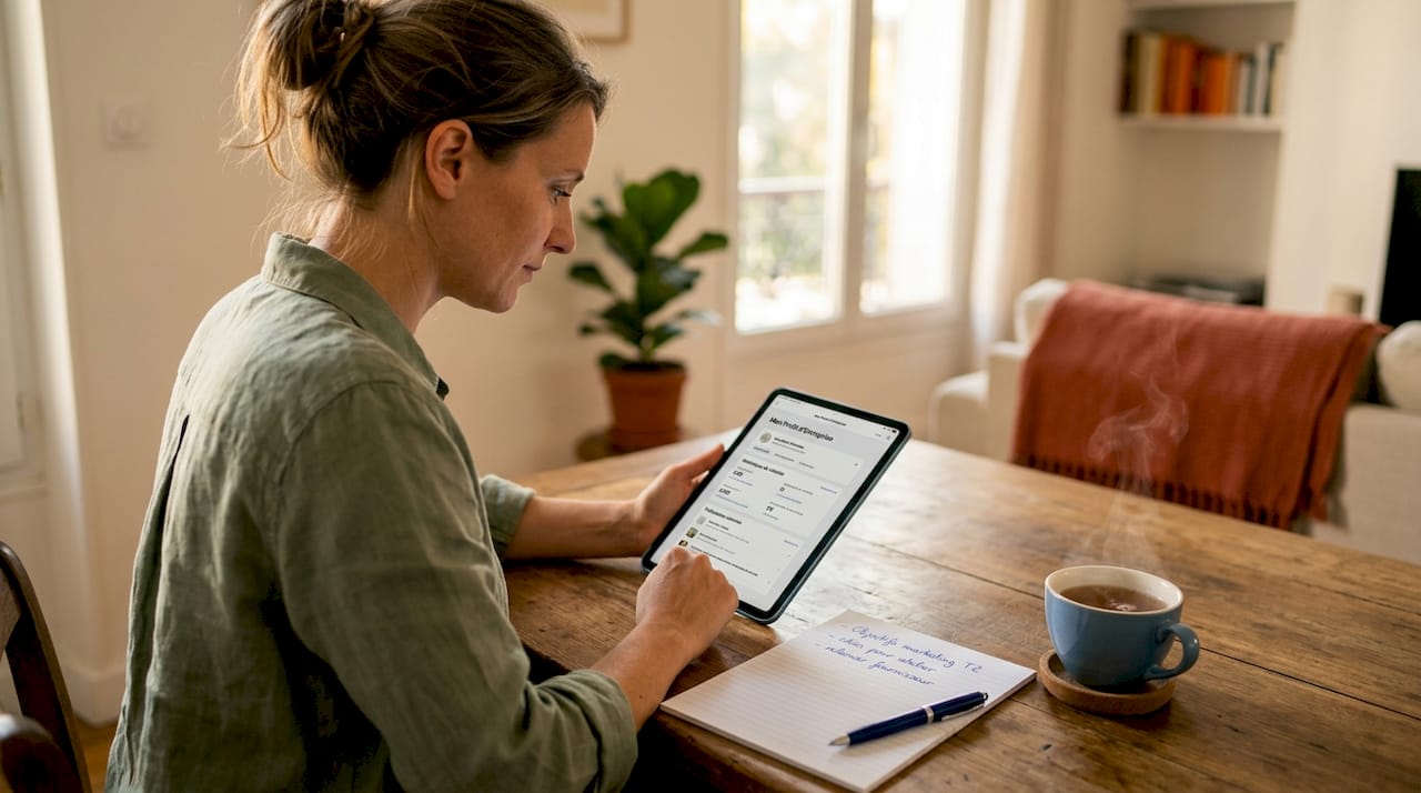 Un entrepreneur ajuste le profil de son entreprise depuis sa tablette pour optimiser sa visibilité.