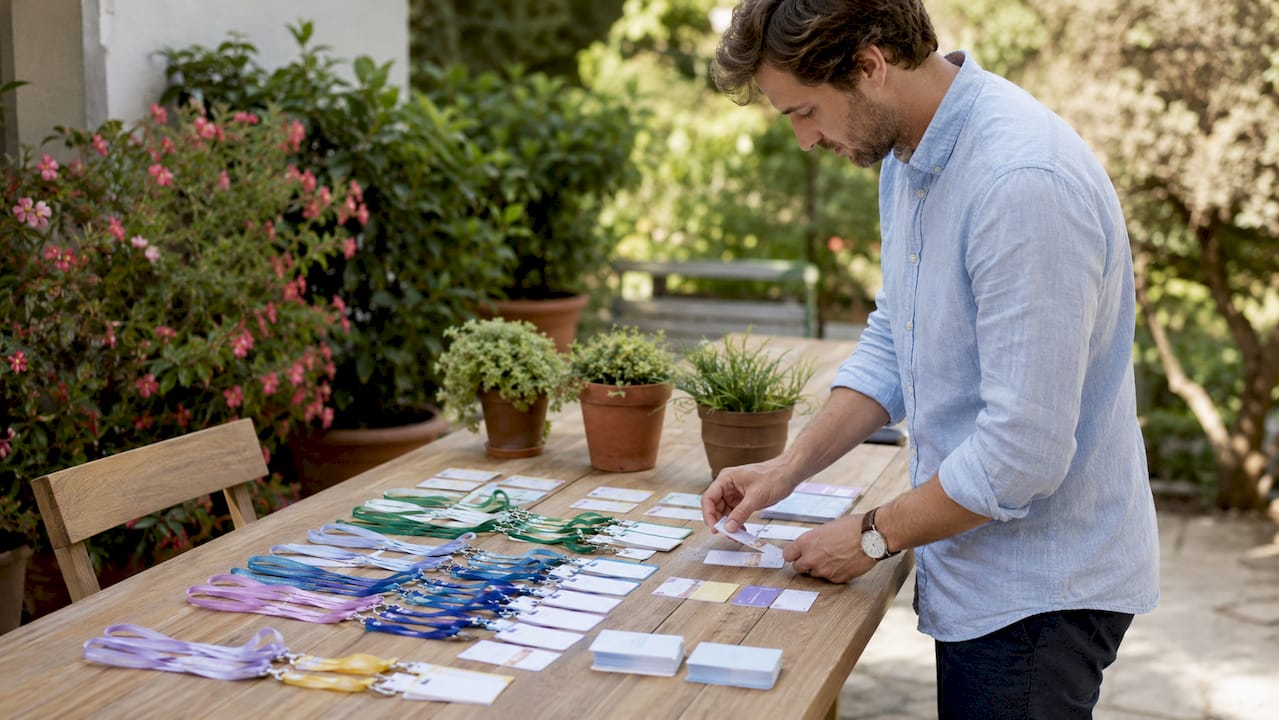 Des mains s’affairent à disposer les badges des participants sur la table.
