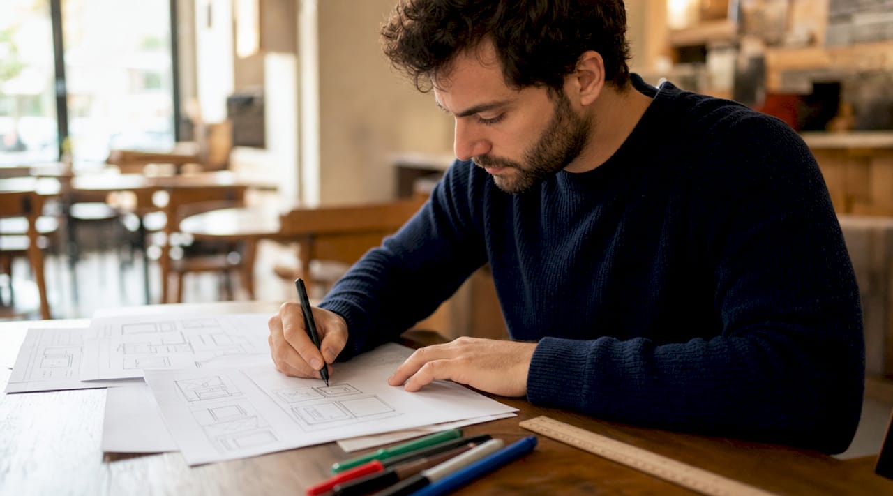 Des mains esquissent des maquettes pour concevoir l’expérience utilisateur.