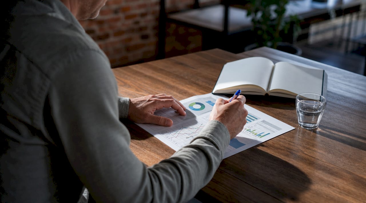 Zoom sur des mains en train de prendre des notes sur un tableau dédié aux indicateurs RSE.