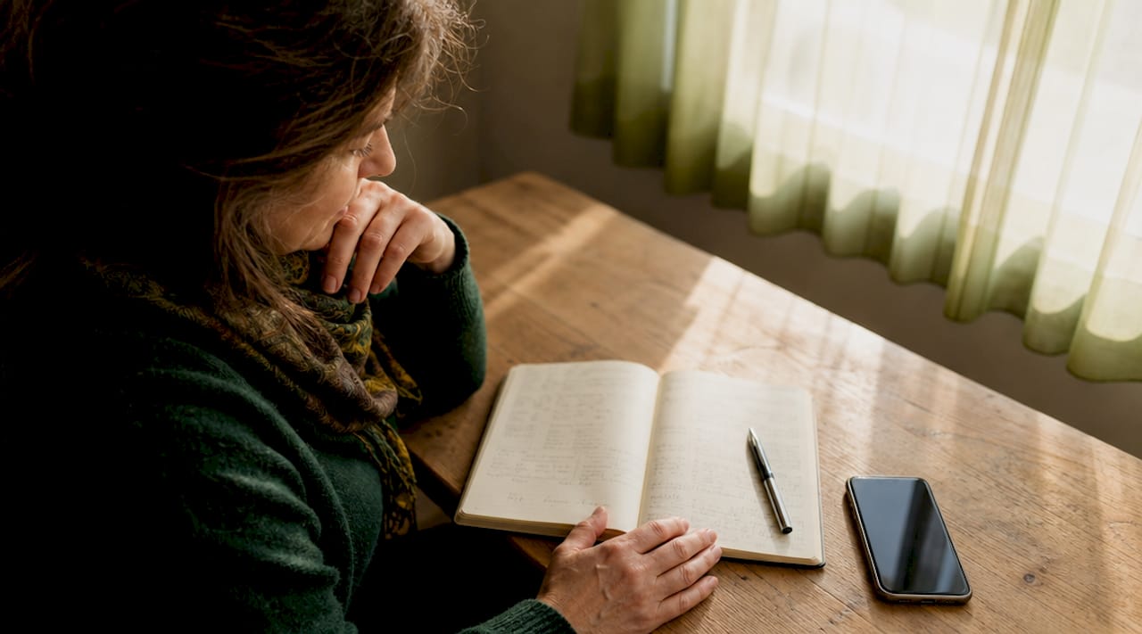 Une personne prend des notes tout en lisant des avis sur des travaux de toiture.