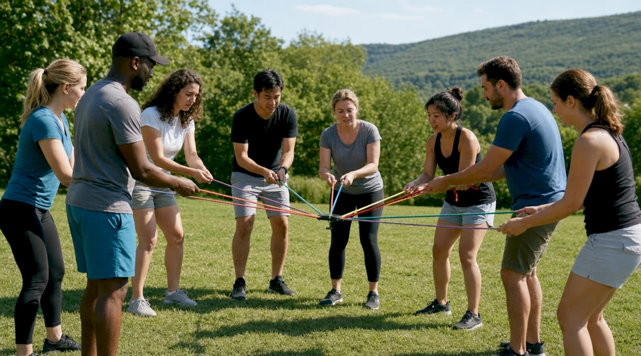 Une équipe en pleine séance de team building en extérieur