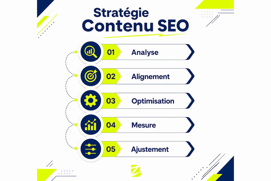 Découvrez en un coup d’œil les différentes étapes clés pour bâtir une stratégie de contenu SEO performante grâce à cette infographie.