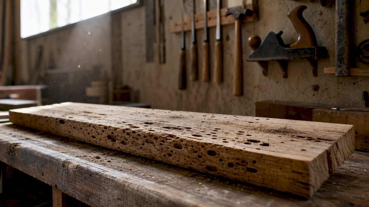 Planche de bois attaquée par des insectes, posée sur l’établi de l’atelier