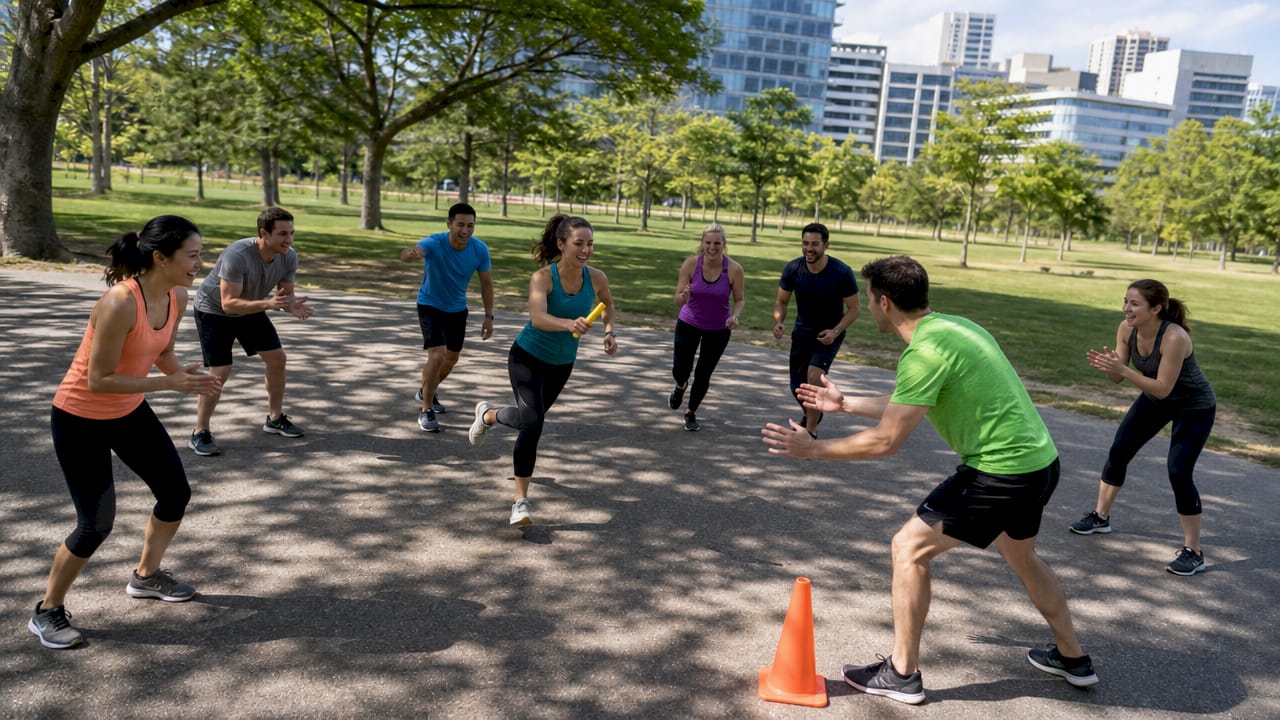 Une équipe d'entreprise participe à une course de relais en plein air, renforçant l'esprit d'équipe dans une ambiance conviviale.