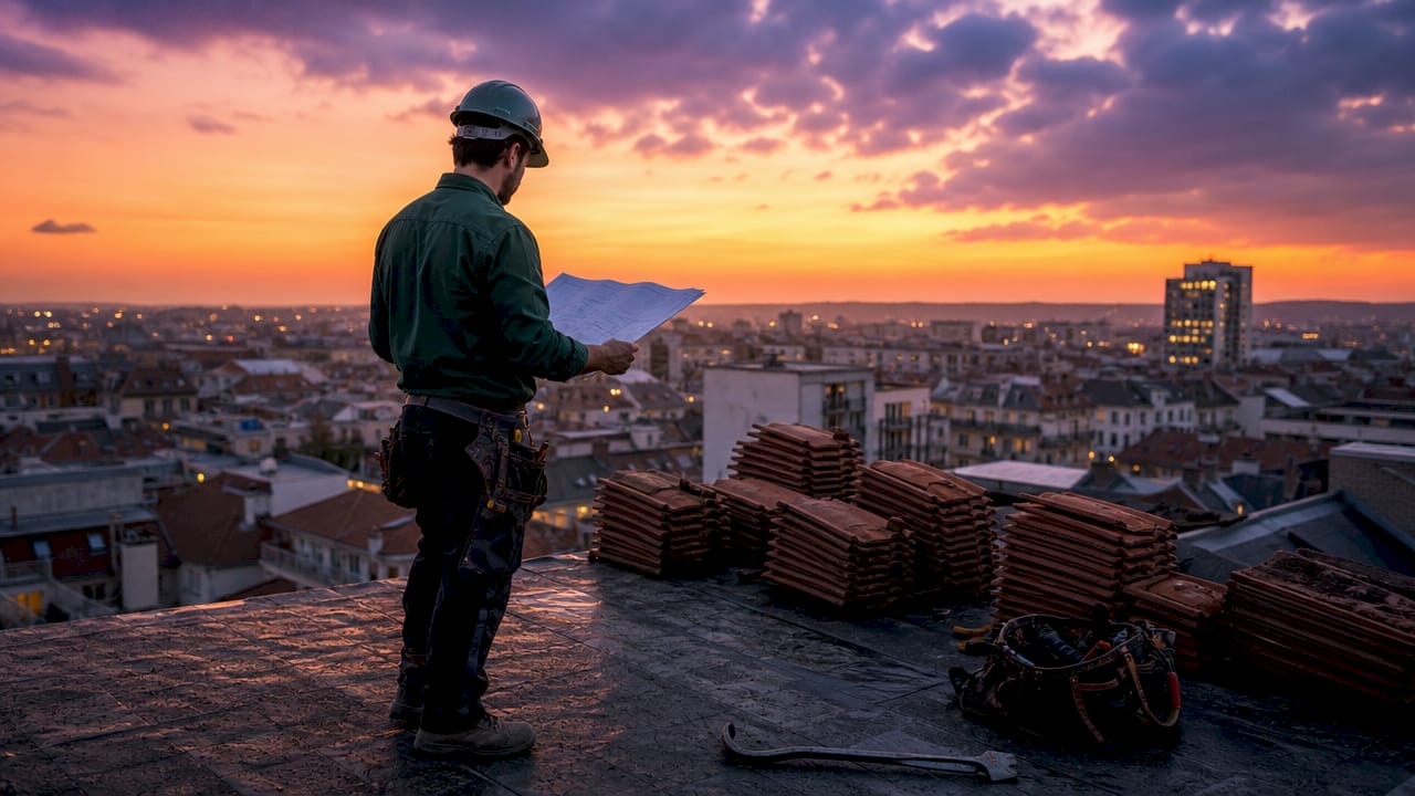 Un couvreur inspecte les plans de rénovation de la toiture sur le chantier.
