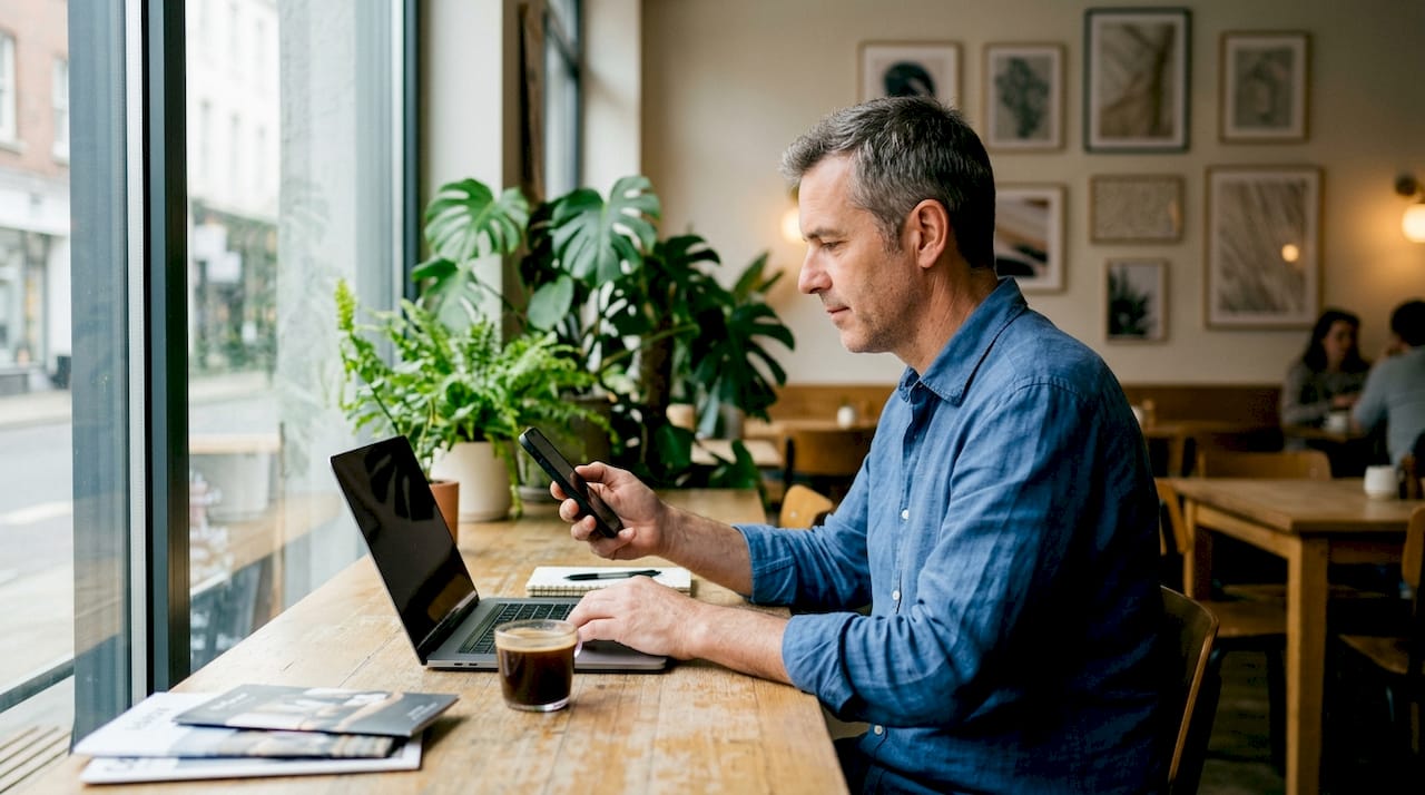 Un homme consulte son smartphone dans un bureau lumineux.