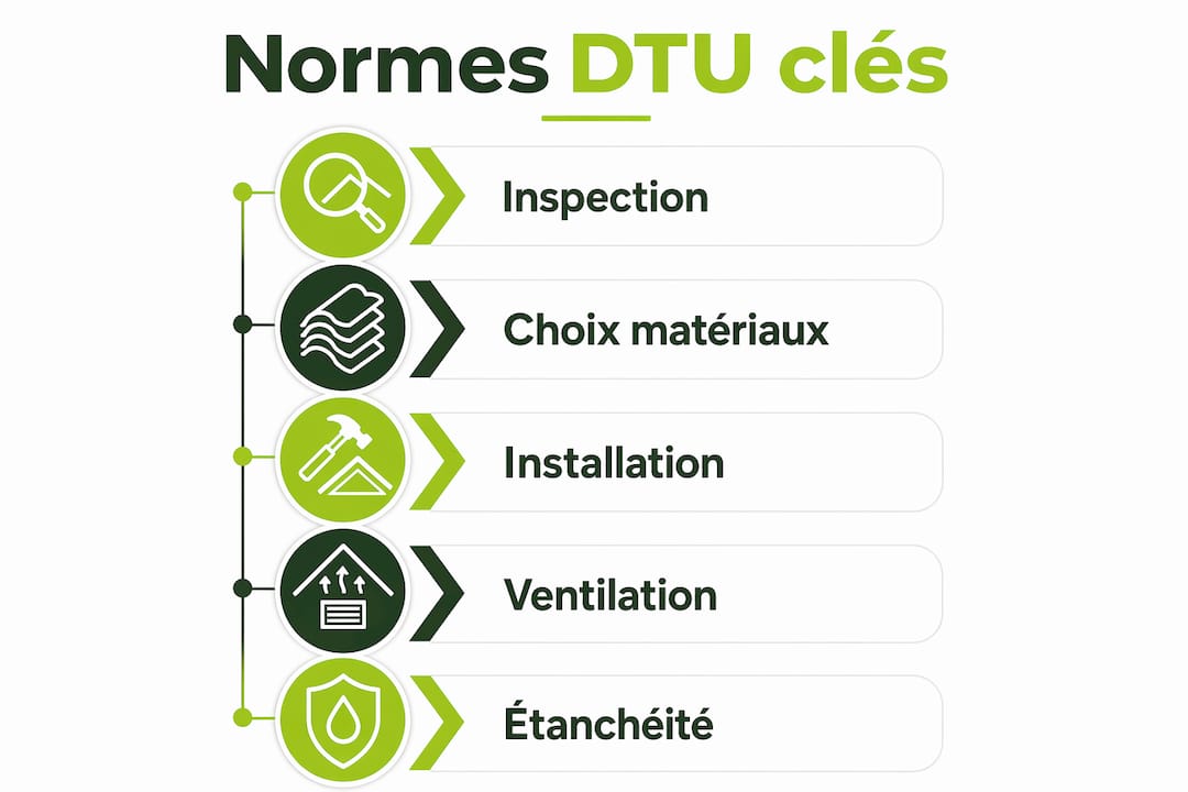 Découvrez une infographie détaillée présentant les différentes étapes à respecter selon les normes DTU pour la réalisation d'une toiture.