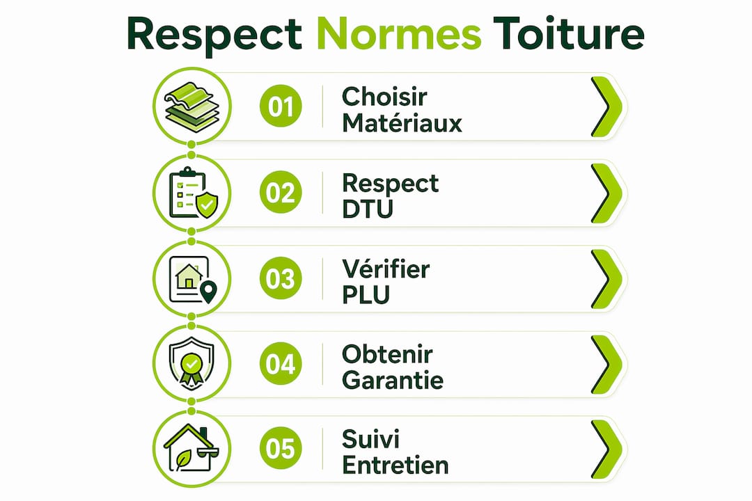 Schéma des étapes clés pour assurer la conformité de votre toiture aux normes en vigueur