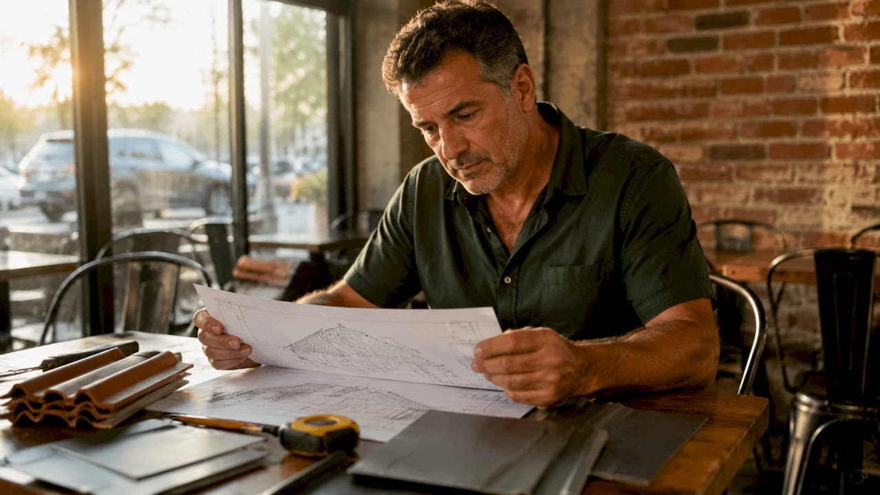 Un couvreur du coin examine les plans de la toiture sur le chantier.