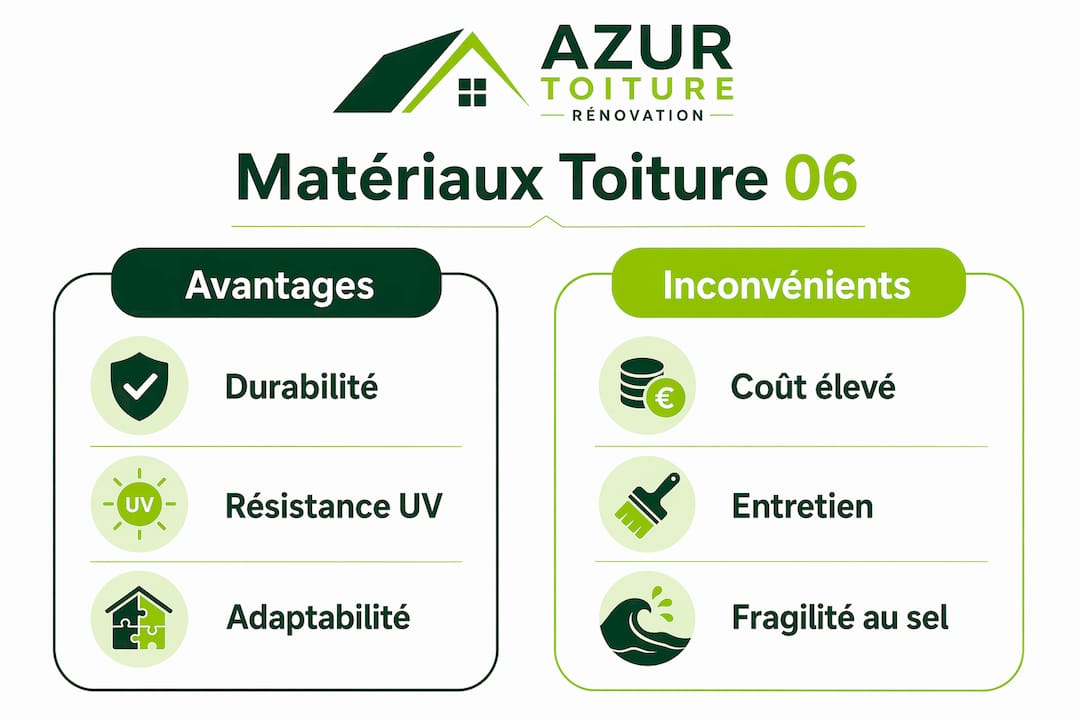 Infographie : tour d’horizon des points forts et des limites des principaux matériaux de toiture adaptés au climat de la Côte d’Azur