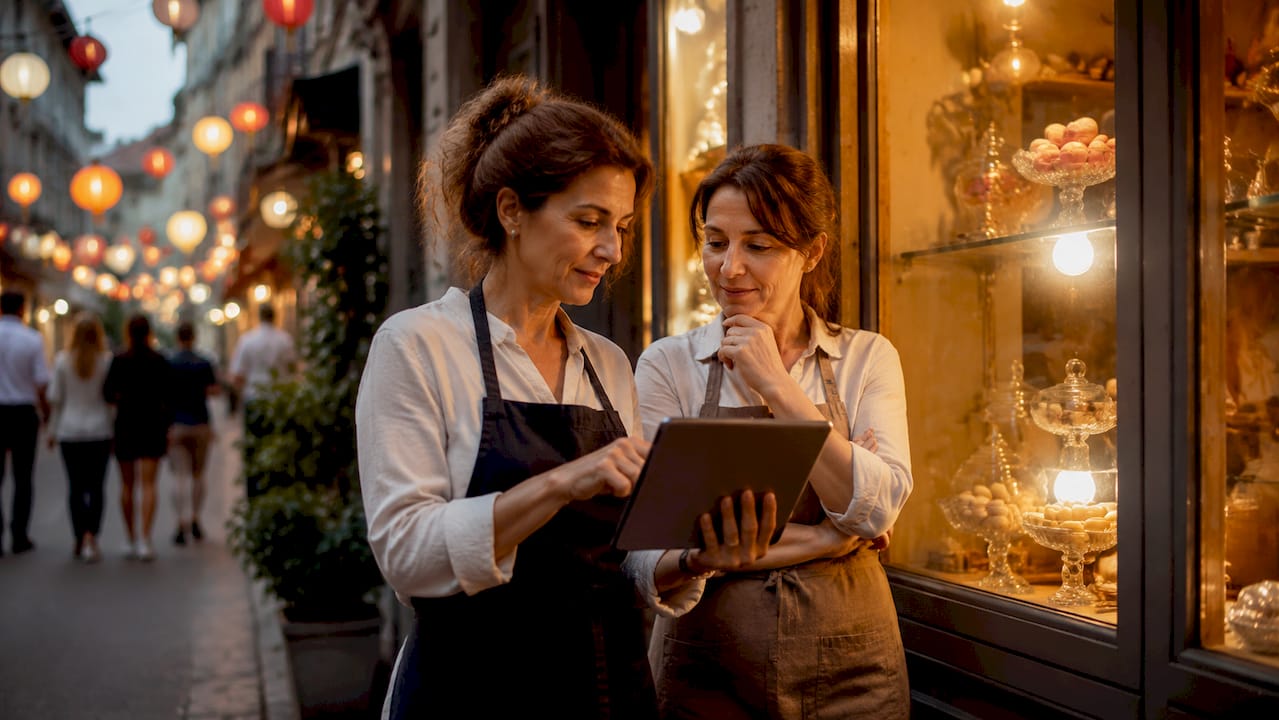 Devant sa boulangerie, un artisan présente fièrement une tablette affichant les résultats de son référencement local.
