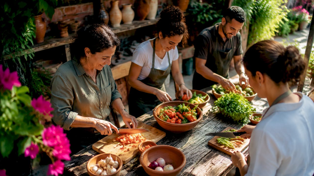 Une équipe partage un moment convivial en cuisinant ensemble lors d’un atelier de team building.