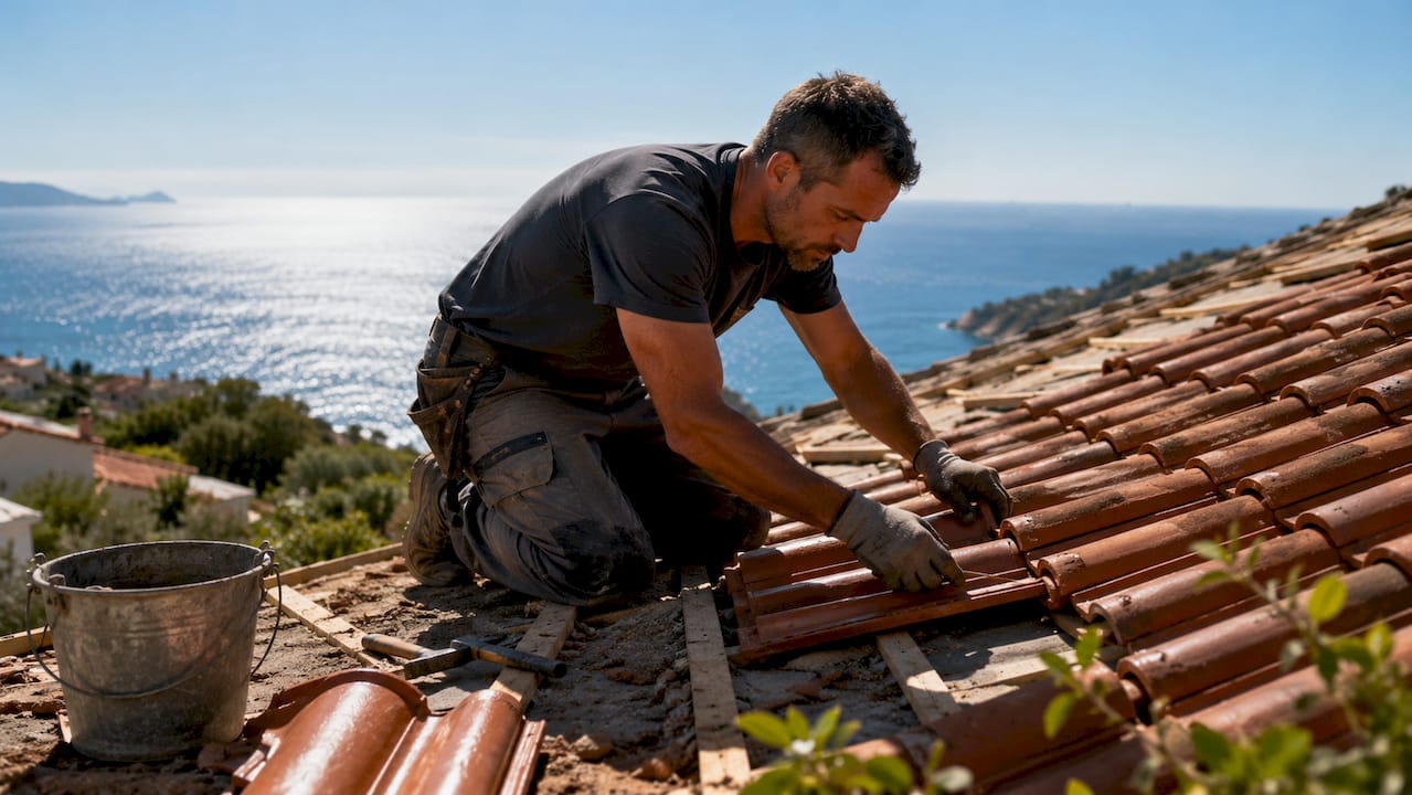 Des mains s’affairent à fixer des tuiles sur un toit battu par les vents, au bord de la mer.