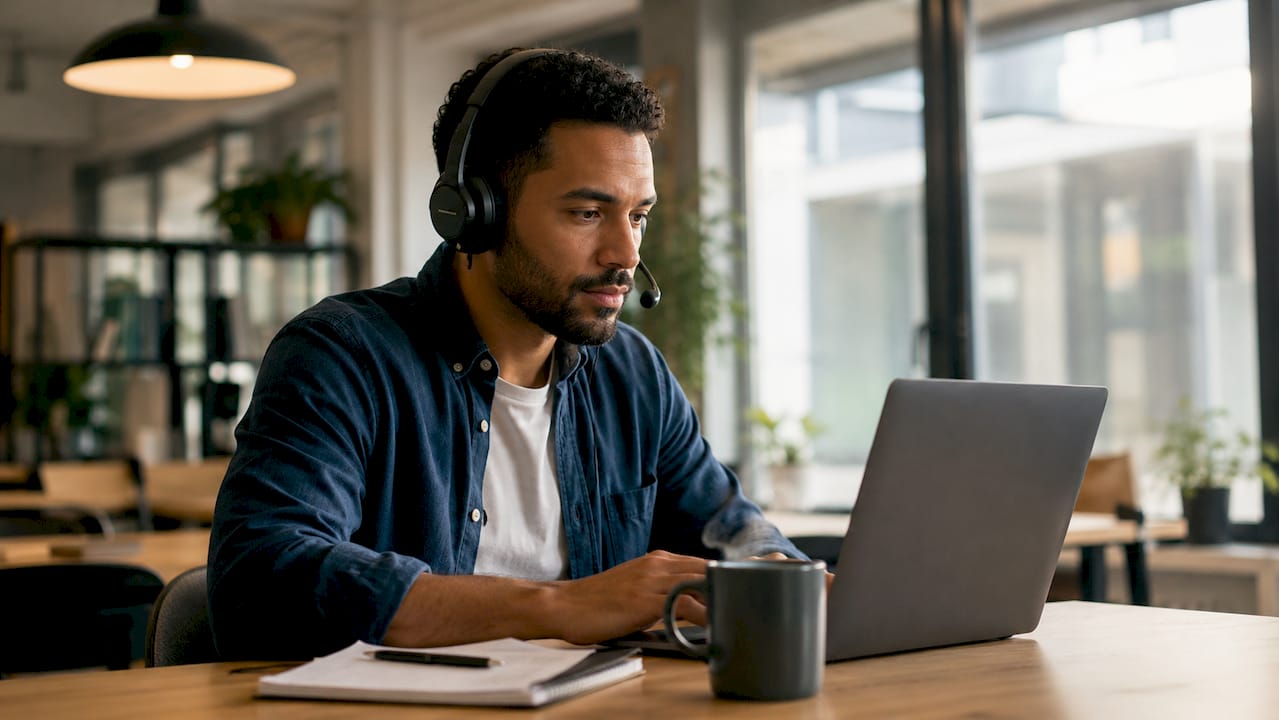 Un homme prend part à une session de team building en ligne avec ses collègues.