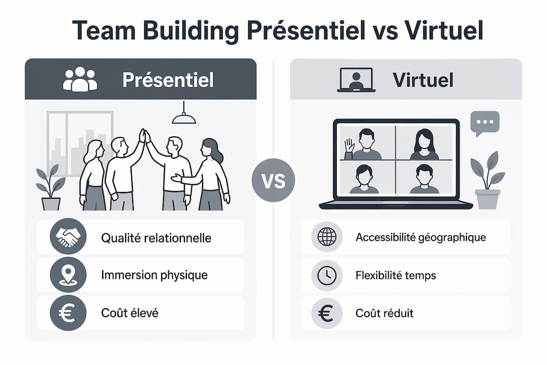 Infographie : le match entre team building en présentiel et à distance
