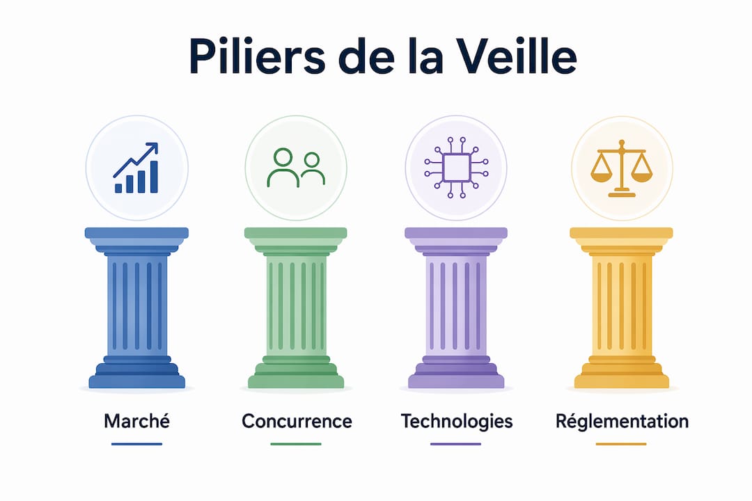 Schéma illustrant les fondements essentiels de la veille numérique