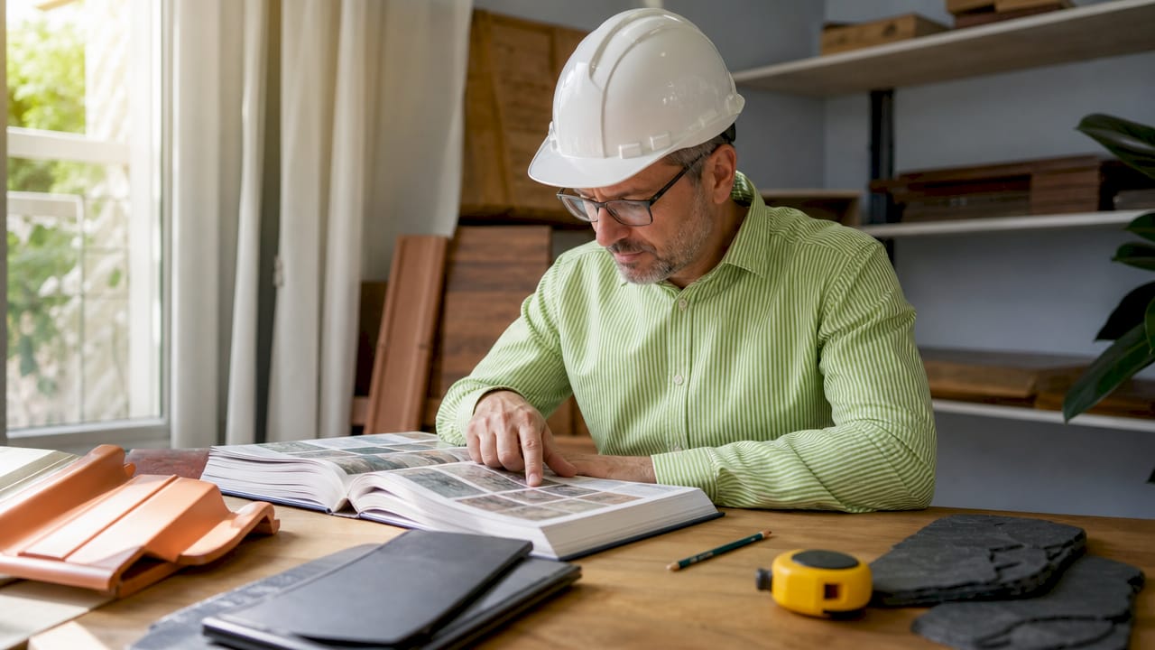 Un spécialiste examine attentivement le cahier des charges pour la toiture, confortablement installé à l’intérieur.