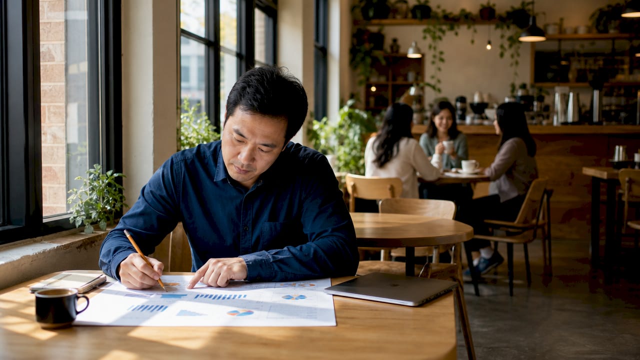Un homme en train de prendre des notes sur les résultats marketing