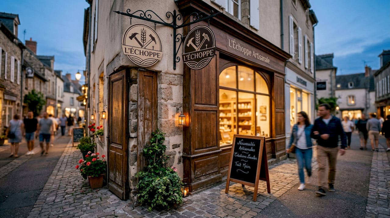 Devanture de petite entreprise avec logo bien en vue et vitrine attrayante