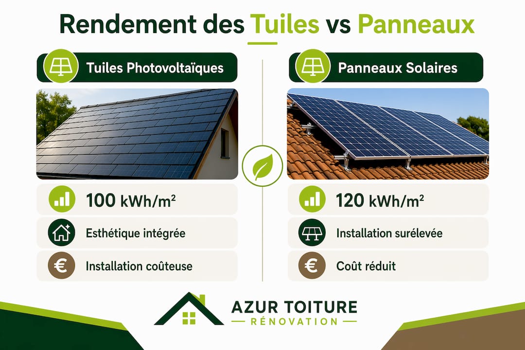 Comparatif illustré des performances entre tuiles solaires et panneaux photovoltaïques