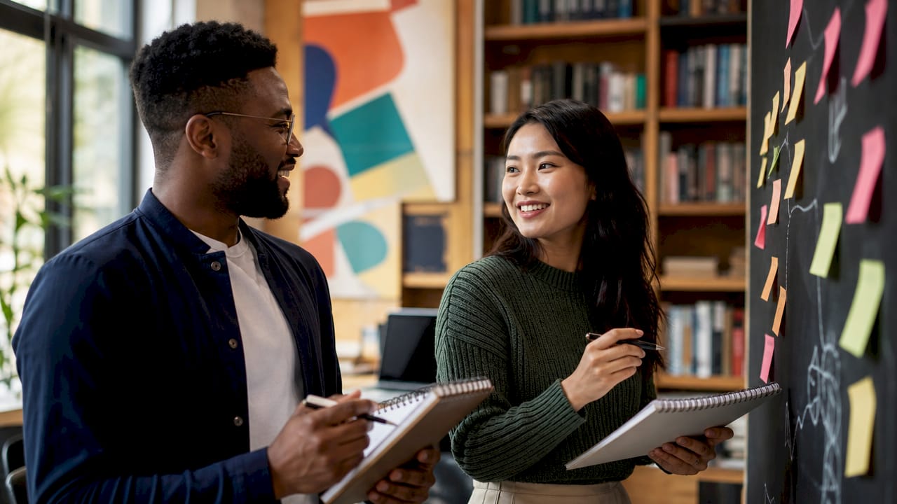 Deux collègues dans une PME échangent autour des solutions d’automatisation marketing.