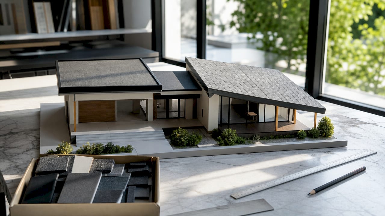 Maquette architecturale présentant une combinaison de toitures plates et en pente.