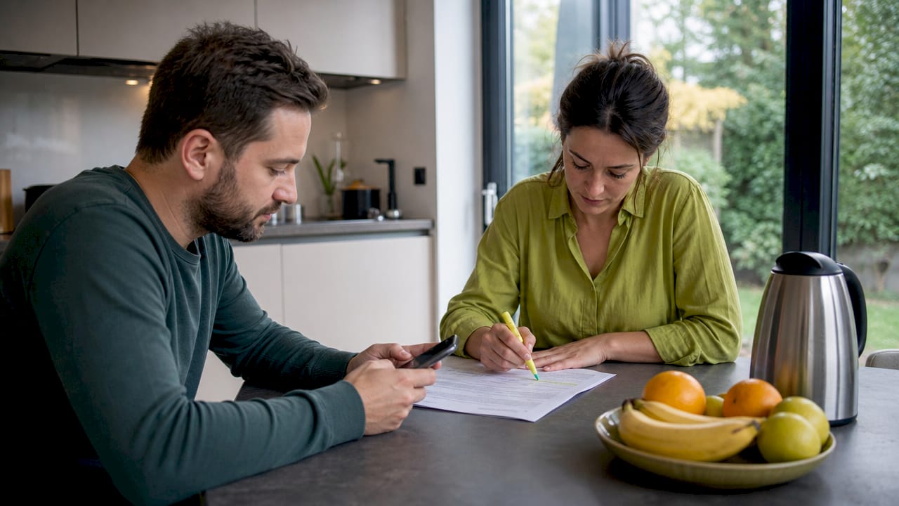Un couple réunit les documents nécessaires pour régler la facture de leur nouvelle toiture.