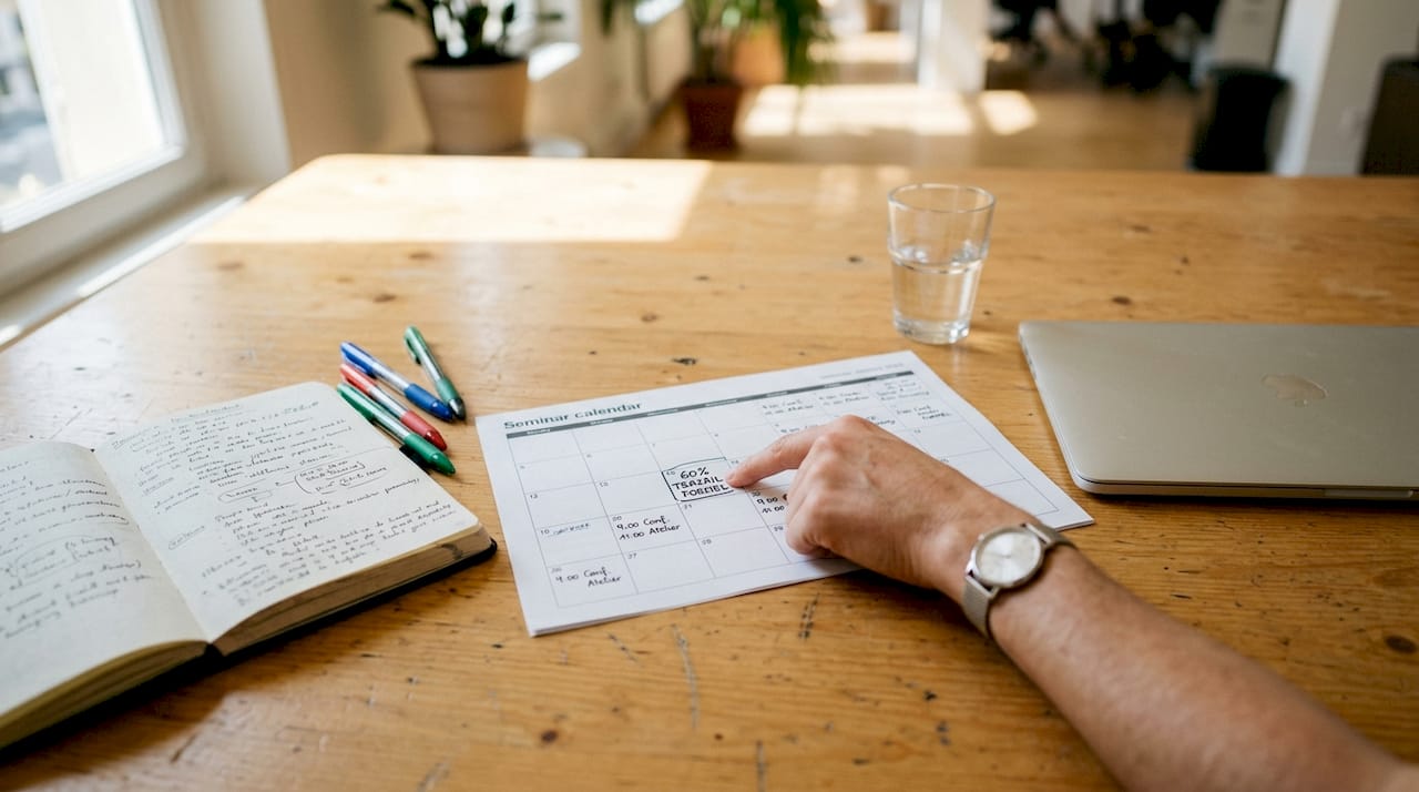 Des mains indiquent les horaires du séminaire sur un planning.