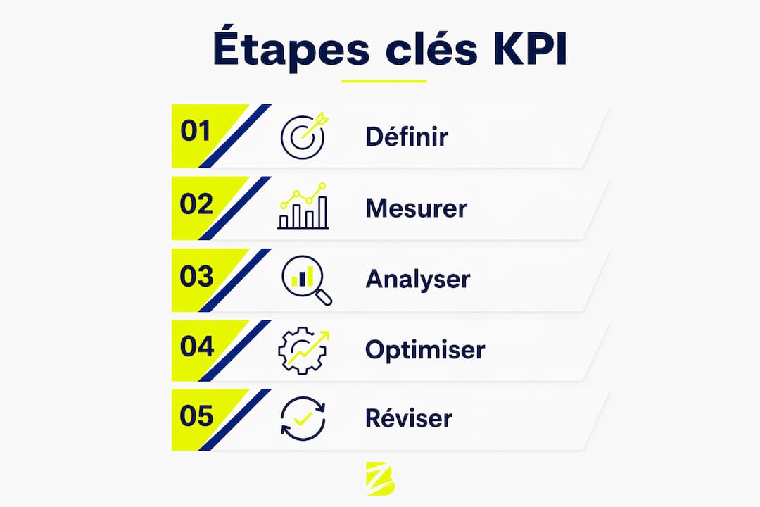 Visuel illustrant les grandes étapes pour définir et suivre ses indicateurs de performance marketing
