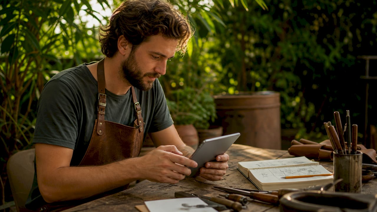 Dans son atelier, l’artisan réfléchit aux réseaux sociaux les plus adaptés pour mettre en valeur son savoir-faire et toucher de nouveaux clients.