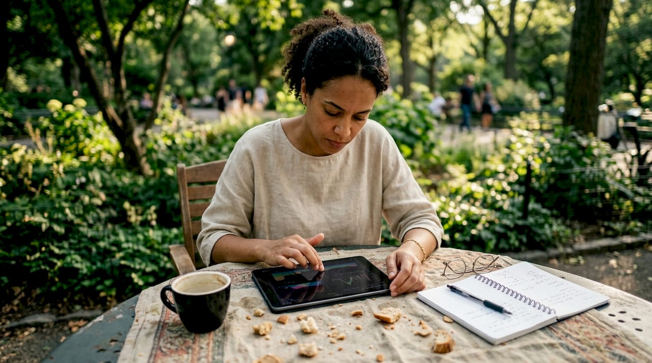 Une femme consulte des données sur sa tablette, confortablement installée à la terrasse d’un café.