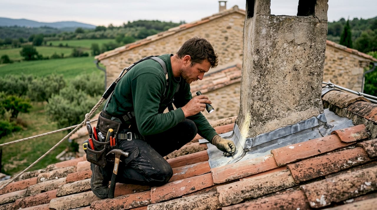 Un couvreur examine l’état d’une toiture en ardoise à la lumière dorée du coucher de soleil.