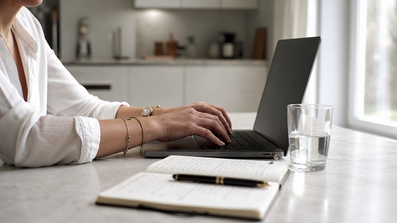 Des mains qui tapent sur un clavier, face à la mer, en pleine séance de coworking pour élaborer une nouvelle stratégie.