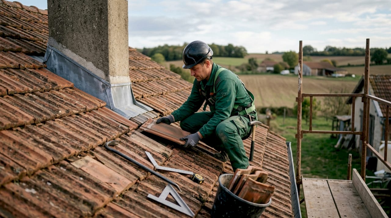 Un artisan couvreur s'affaire à remettre en état une toiture endommagée.