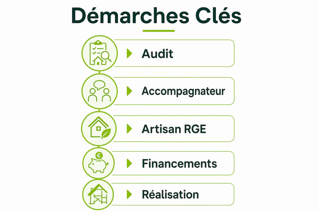 Découvrez en un coup d’œil les différentes étapes clés pour réussir votre projet de rénovation énergétique.